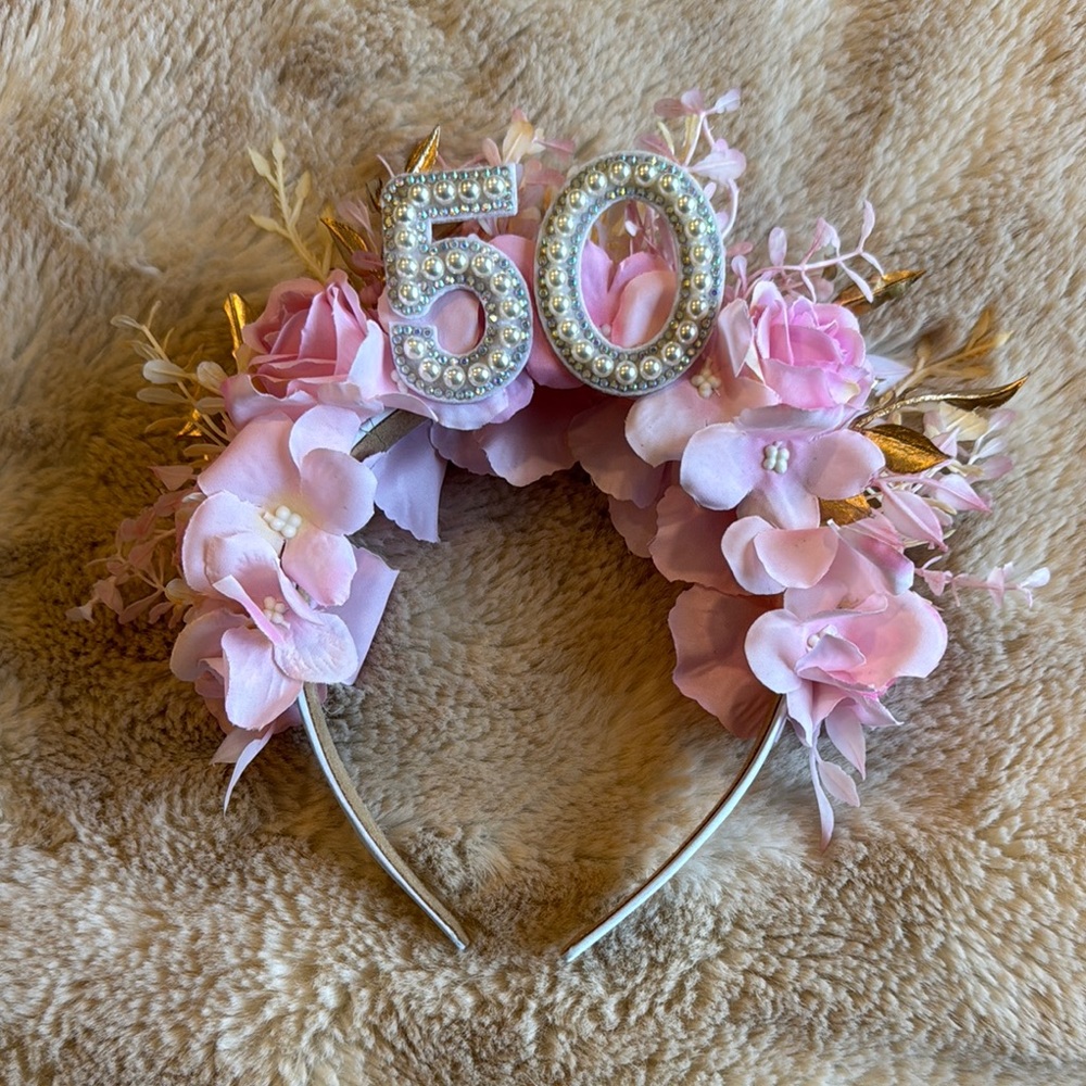 Pink Floral '50' Celebration Headband with Pearl Numerals